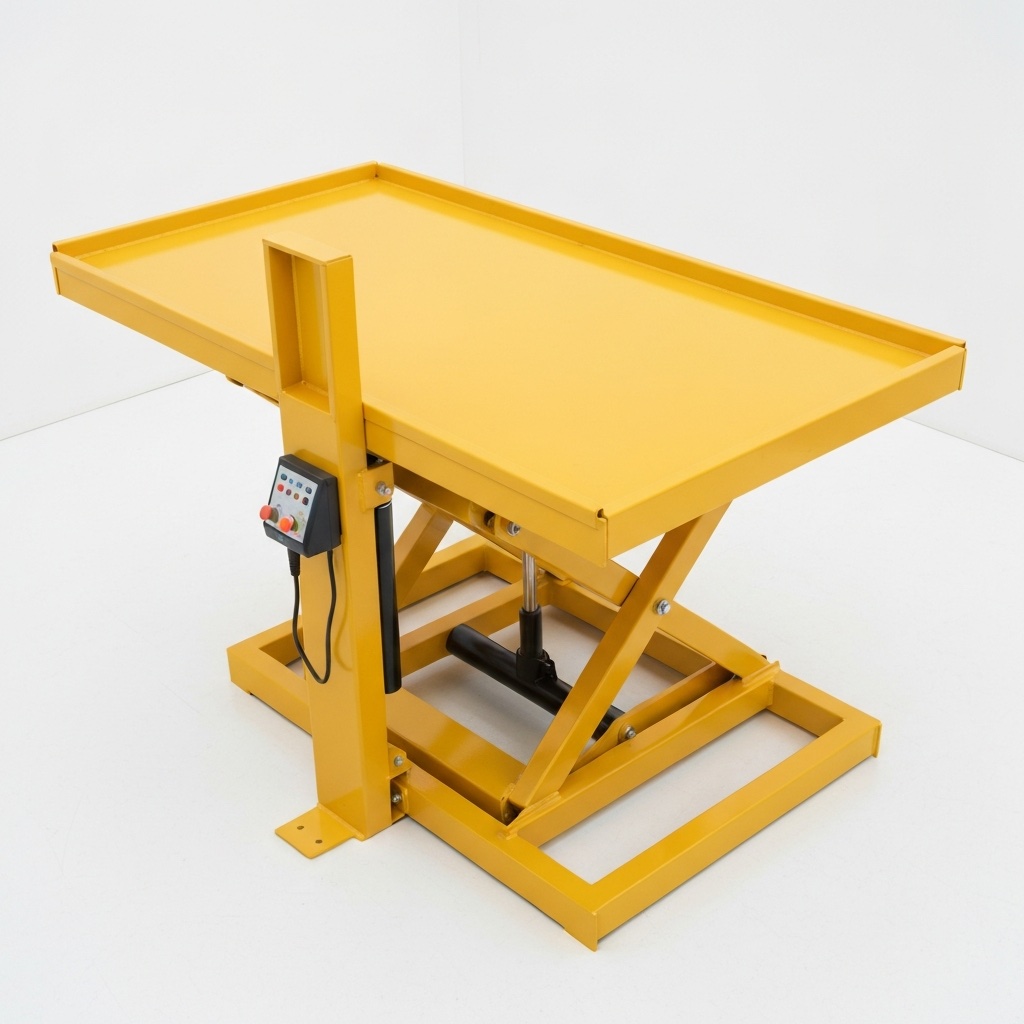 Jesterlift JL-ELT electric scissor lift table — raised to full height with double scissor extended